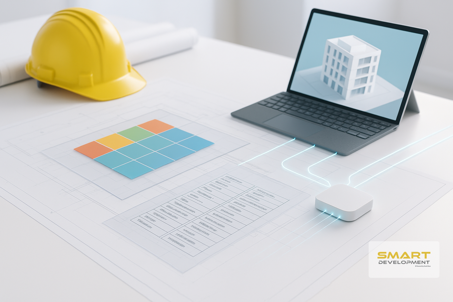 A bright, realistic desk scene with a building blueprint, two transparent classification overlays aligned to the plan, and glowing connector lines mapping into a central ERP-style data hub next to a laptop with a 3D building model.