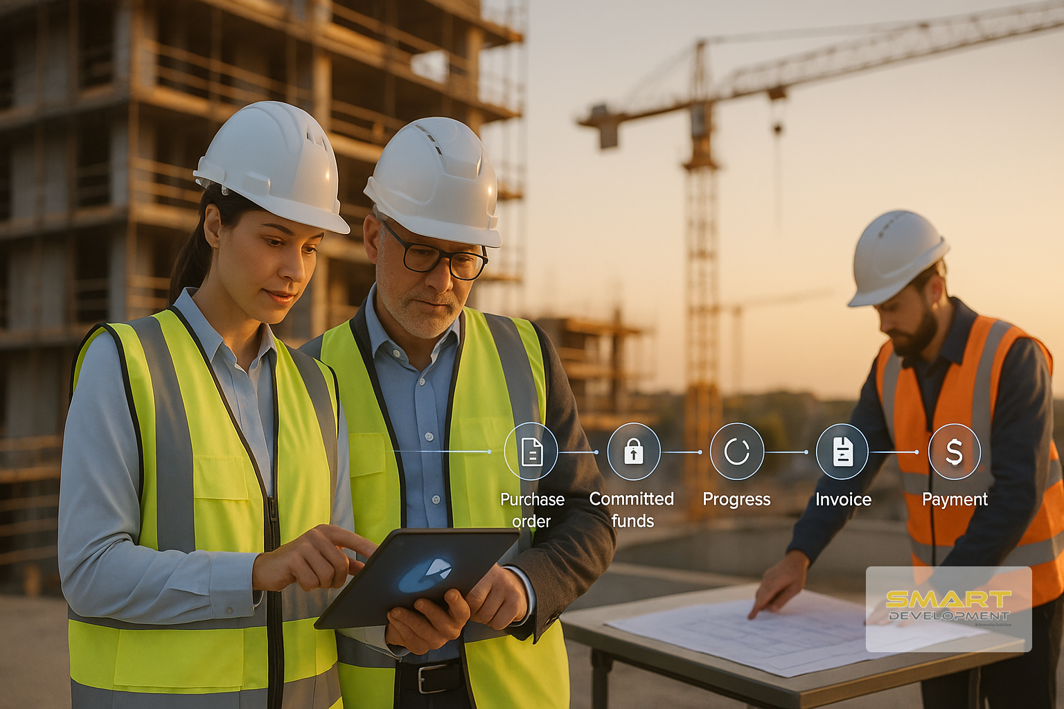 Un gerente de obra y un ejecutivo revisan un tablero de costos en una tablet en una obra, con planos y el edificio en construcción al fondo, sugiriendo control proactivo de presupuesto y compras.