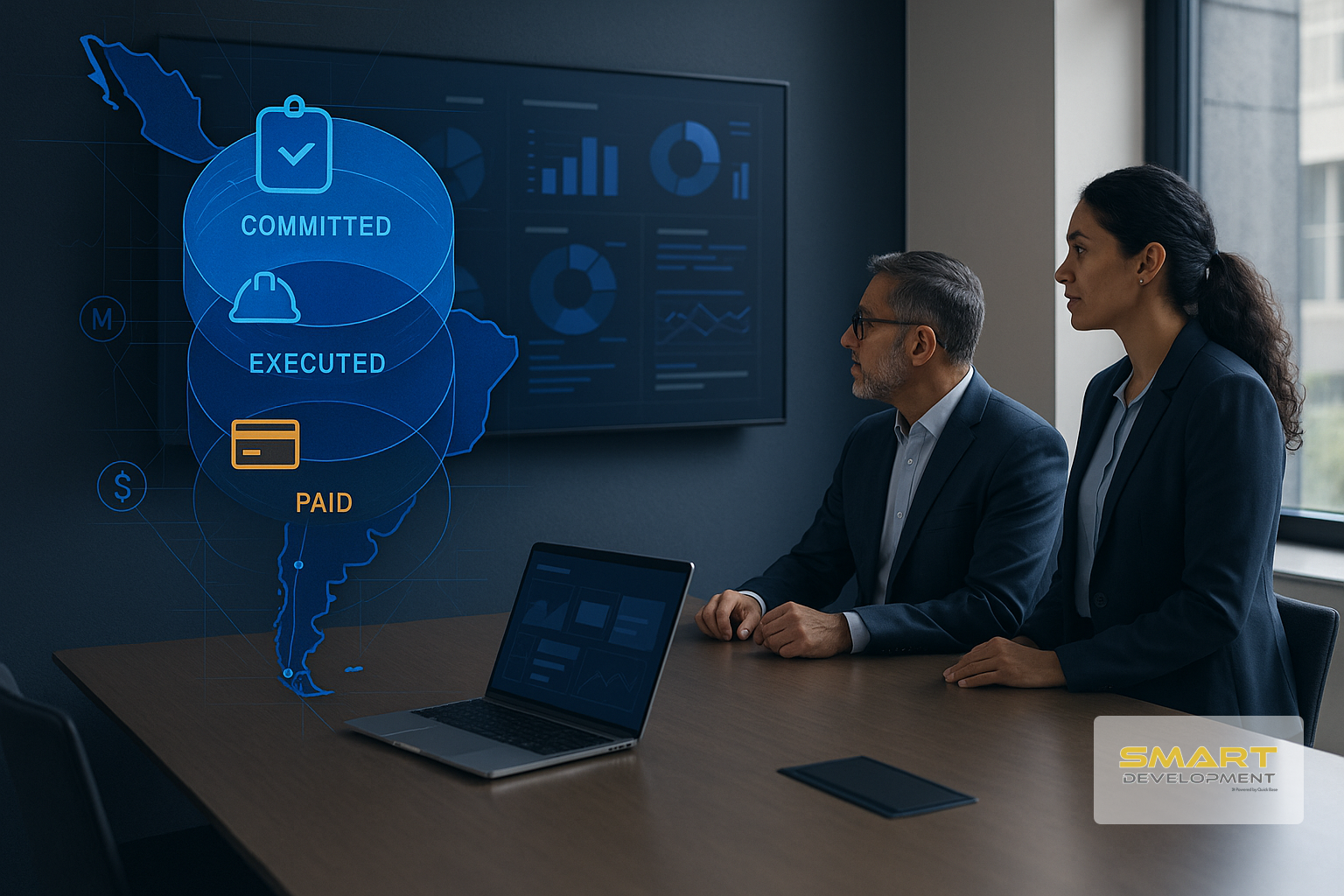 Equipo ejecutivo de construcción en sala de reuniones mirando un tablero corporativo, con líneas tipo blueprint conectando varios países de LATAM y capas visuales que representan committed, ejecutado y pagado en multimoneda.