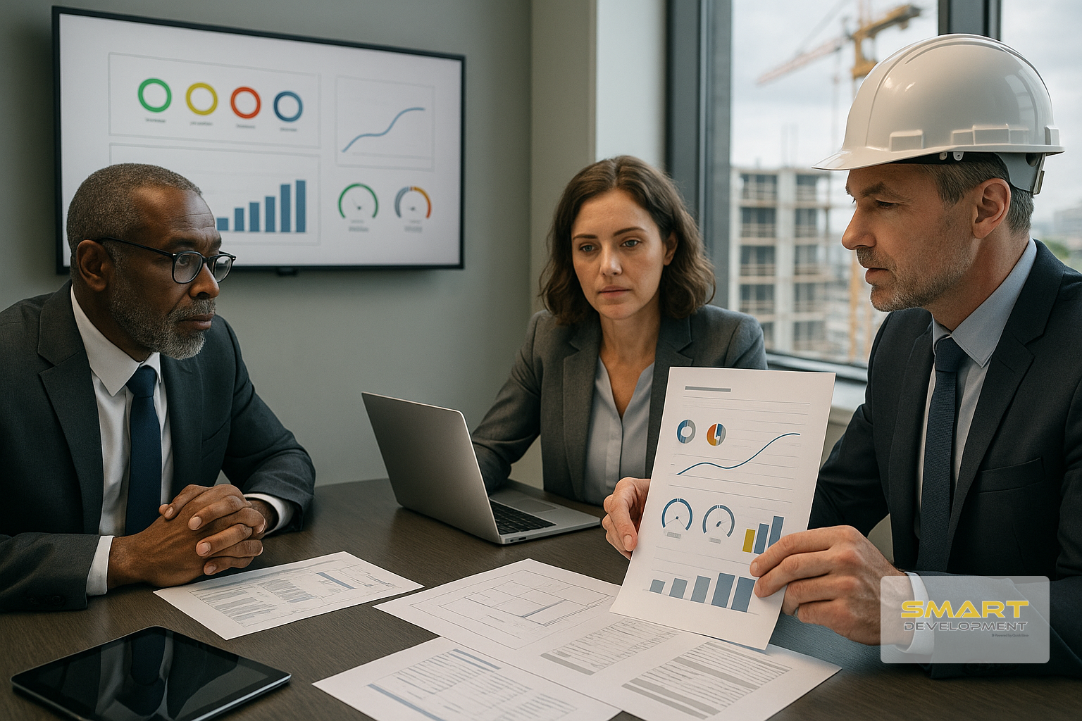 Equipo ejecutivo revisando un reporte de proyecto en una sala de reuniones con una obra visible por la ventana y un tablero de KPIs y curvas en una pantalla.