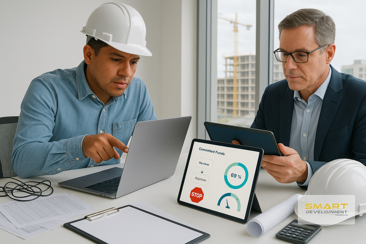 Bright construction site office scene with two professionals reviewing a laptop and tablet showing generic budget control dashboards, contrasted with messy spreadsheet papers on one side and an organized workspace on the other, with a jobsite and crane visible in the background.